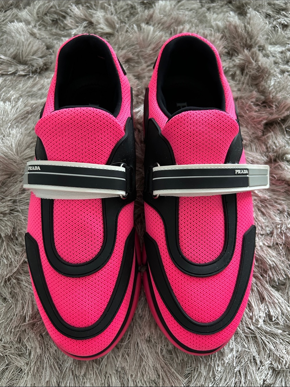 Prada Hot Pink and Black Mesh Slip-On Sneakers